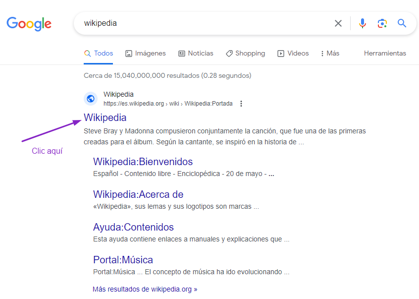 Clic en resultados de búsqueda para Wikipedia en Google