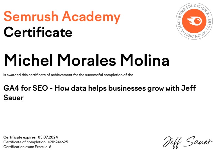 Certificado Semrush GA4 for SEO