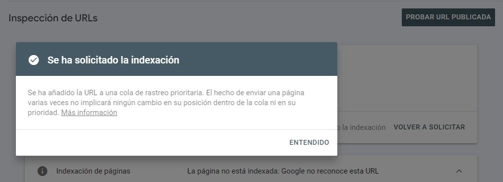 Se ha solicitado la indexación. Se ha añadido la URL a una cola de rastreo prioritaria.