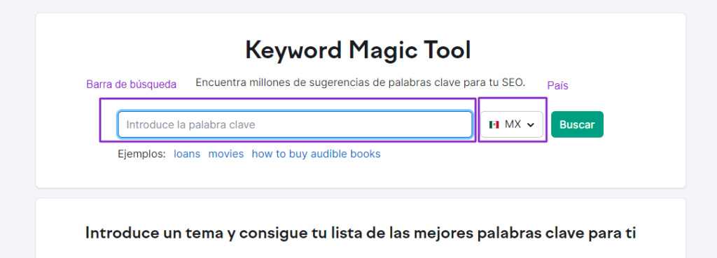 Barra de búsqueda de la herramienta Keyword Magic Tool de Semrush