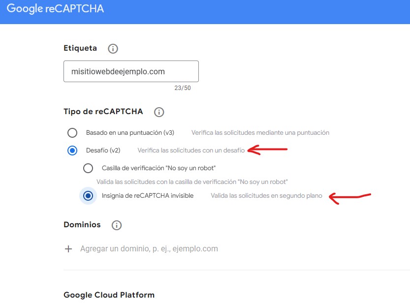 Opción Desafío 2 e Insignia reCAPTCHA invisible.