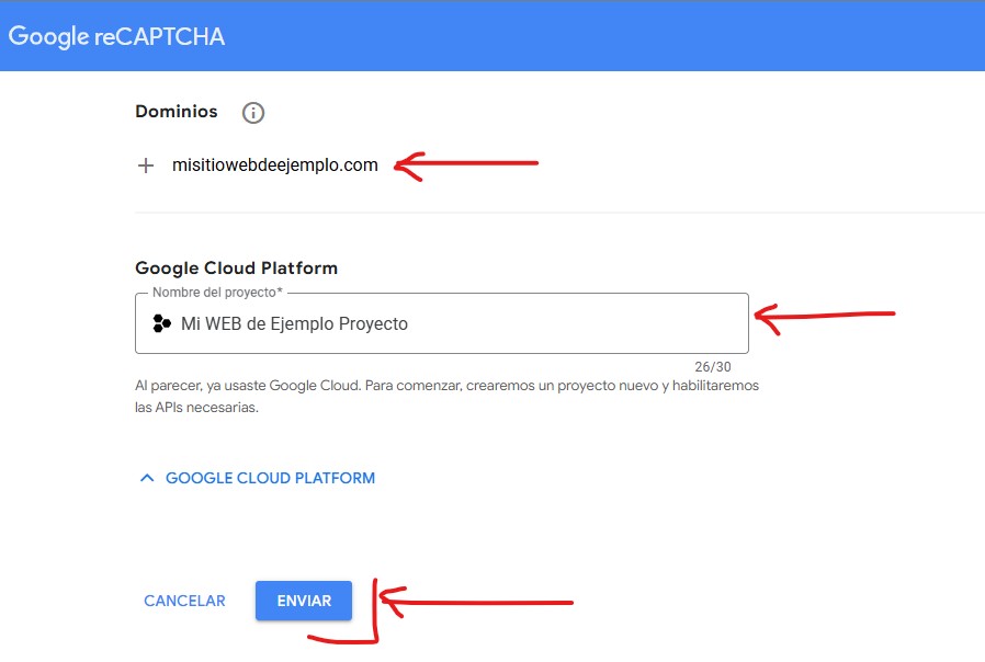 Agregar el nombre del dominio y el nombre del proyecto.