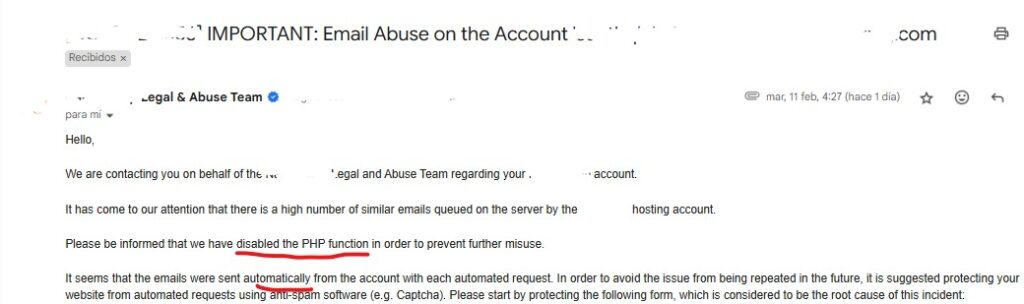Mi proveedor de hosting protege mi web desactivando el servicio PHP de envío de correos.